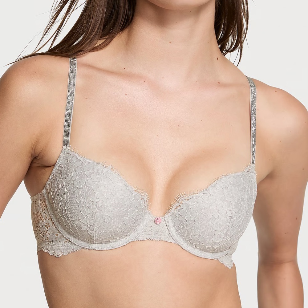 NEW Victoria’s Secret DREAM ANGELS Twinkle Strap Lace Demi Bra Silver Pearl